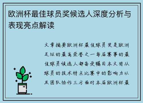 欧洲杯最佳球员奖候选人深度分析与表现亮点解读