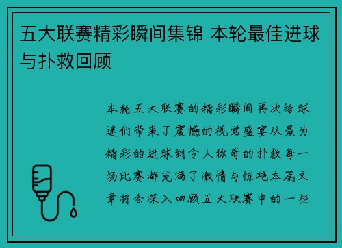 五大联赛精彩瞬间集锦 本轮最佳进球与扑救回顾