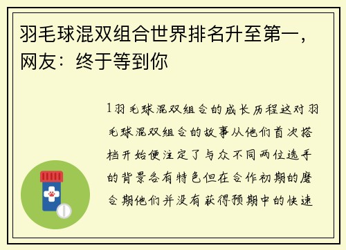 羽毛球混双组合世界排名升至第一，网友：终于等到你