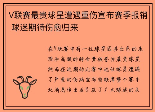 V联赛最贵球星遭遇重伤宣布赛季报销 球迷期待伤愈归来 V联赛最贵球星遭遇重伤宣布赛季报销 球迷期待伤愈归来